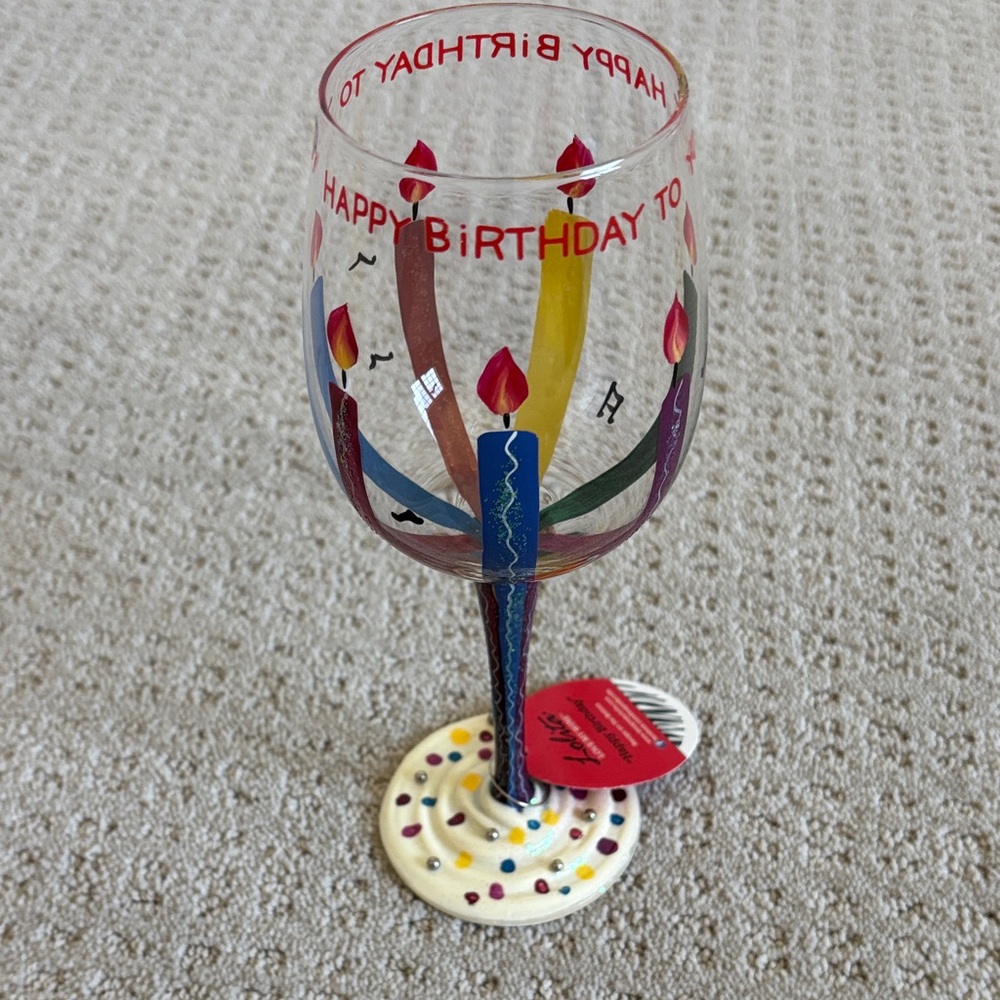 Lolita Happy Birthday Wine Glass with Music Notes and Colorful Dots Base w/ Box